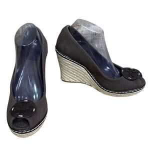 Tory Burch Jackie Brown Canvas Espadrille Peep Toe Wedge Heels Shoes Size 9.5